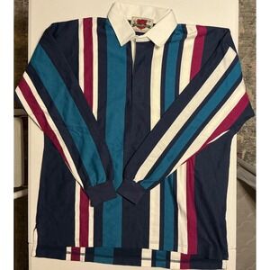 Color Block Y2K Mens XL Long Sleeve Rugby Polo Navy Teal Burgundy White Stripe